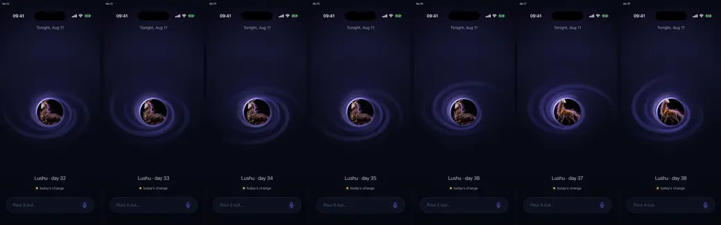 A strip of seven daily home screens showing small changes to the same creature