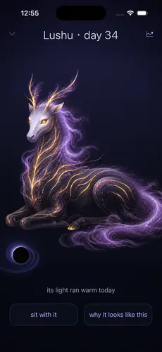 A luminous stag-like creature named Lushu on day 34, resting beside the black hole