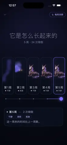 时间线页面「它是怎么长的」，展示同一只生物第一周到第五周的形态