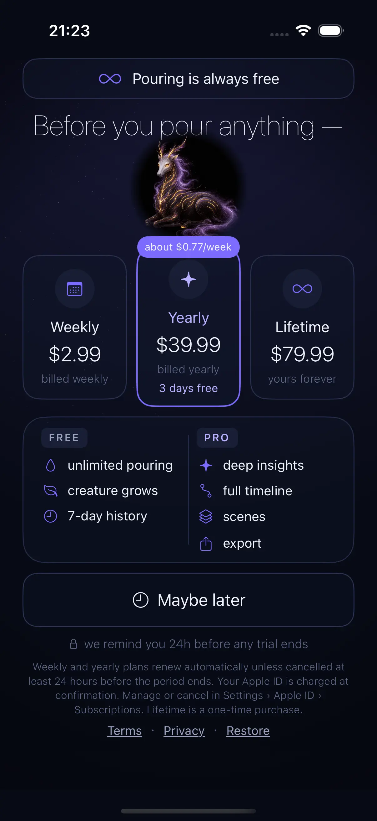 The in-app price page, with "Pouring is always free" pinned above the plans